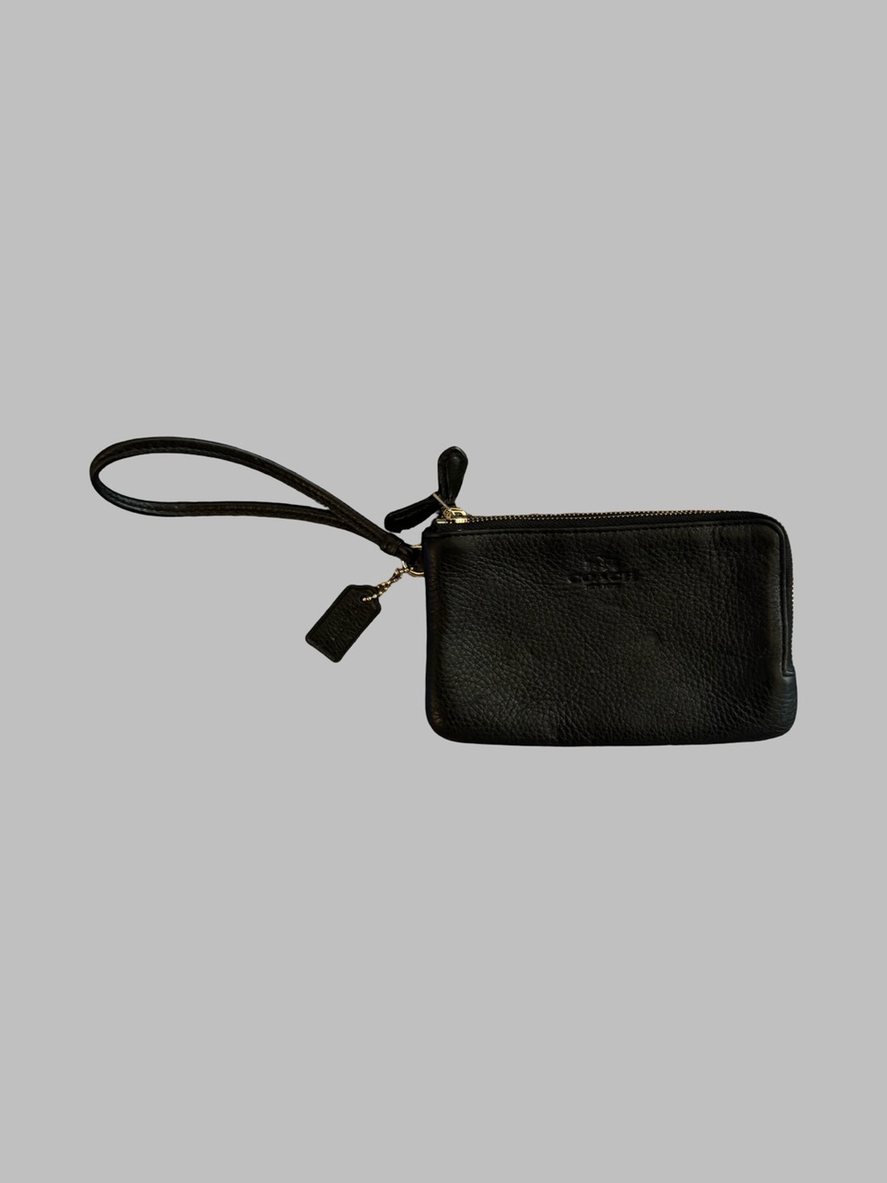 COACH Pebbled Leather Black Double Zip Wristlet With Gold Accents